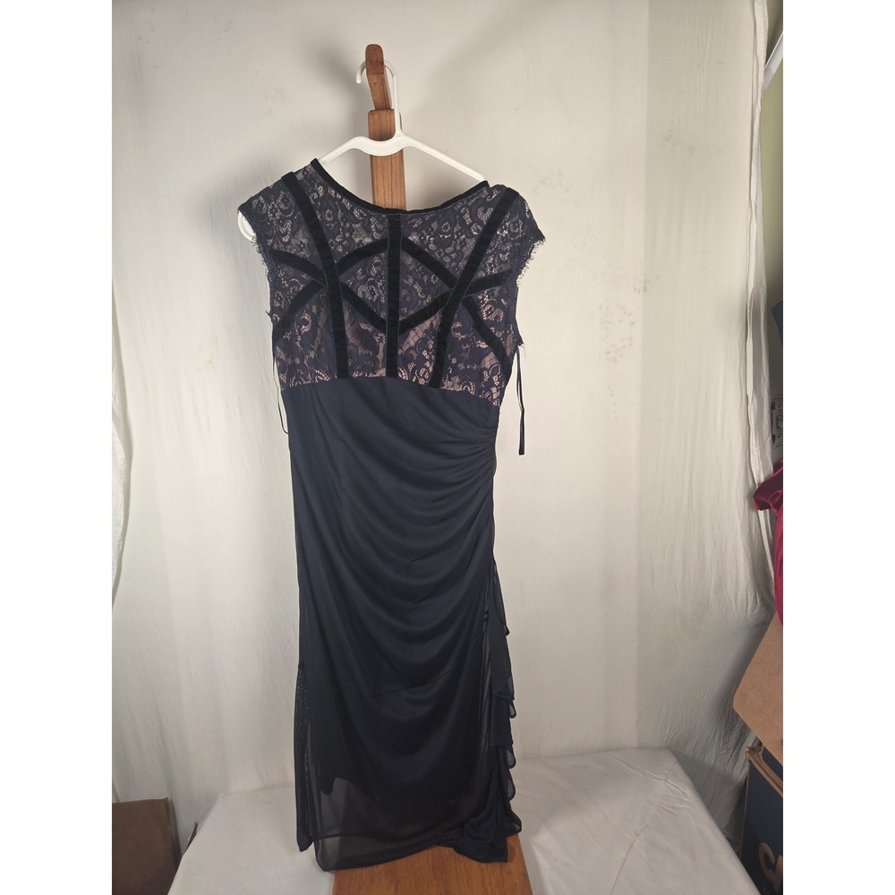 Betsy & Adam Navy Blue Lace Velvet Ruched Cocktail Dress 6P Petite